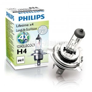 Галогеновые лампы Philips H4 LongLife EcoVision - 12342LLECOC1 (карт. короб.)