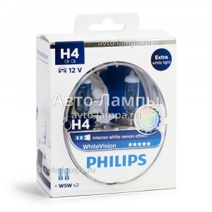 Комплект галогеновых ламп Philips H4 WhiteVision - 12342WHVSM (пласт. бокс)