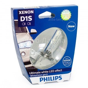 Штатная ксеноновая лампа Philips D1S Xenon WhiteVision gen2 (+120%) - 85415WHV2S1 (блистер)